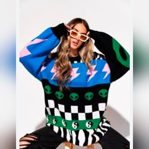 Dressed In Lala Luxe Bubble Sleeve Graphic Oversized Sweater Size L/XL NWT